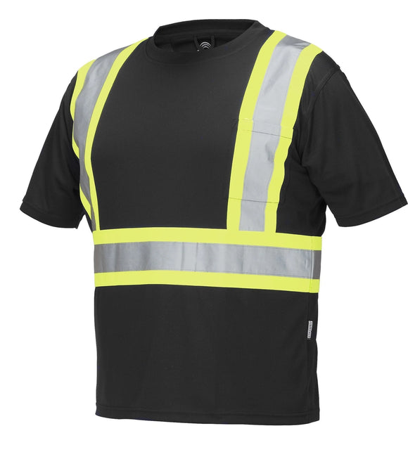 Hi-Vis Crew Neck Safety Tee Shirt with Chest Pocket, Black, Small